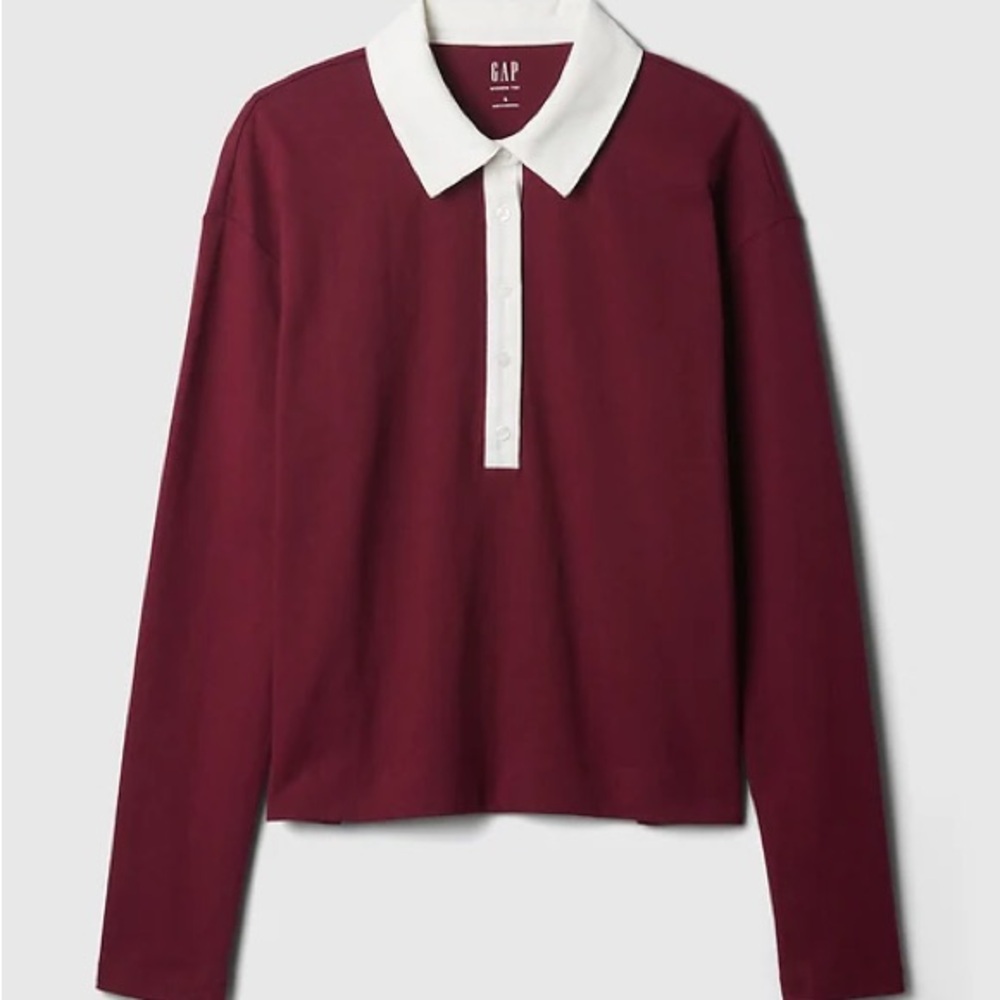 GAP Burgundy Cropped Rugby Polo Shirt White Collar Preppy Fall Top Small